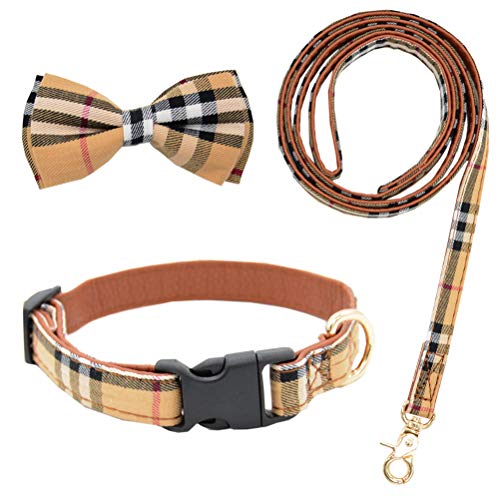 Product Cover Barleygoo Bow Tie Dog Collar with Leash Set Classic Plaid Adjustable Dogs Collars with Removable Bow Tie for Small to Medium Dogs