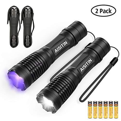 Product Cover AISITIN LED Flashlight 2 in 1 UV Flashlight Black Light & White Light Tactical Flashlight, High-Powered 1200 Lumen 5 Modes Zoomable Waterproof Handheld Flashlight, Outdoor, Pet Urine Detector - 2 Pack