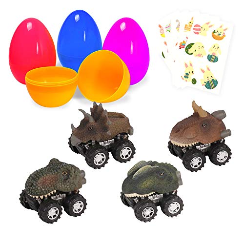 Product Cover Large Surprise Eggs Filled 4 Pack Easter Eggs with Pull Back Dinosaur Cars Inside, Colorful Pre Plastic Easter Eggs Toys For Kids Easter Gifts Easter Basket Stuffers Fillers with Stickers