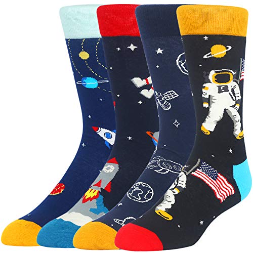 Product Cover Mens Space Novelty Crew Socks Funny Crazy Socks Alien Astronaut Planet Casual Socks
