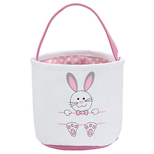 Product Cover Easter Bunny Basket Egg Bags for Kids,Canvas Cotton Personalized Candy Egg Basket Rabbit  Print Buckets with Fluffy Tail Gifts Bags for Easter