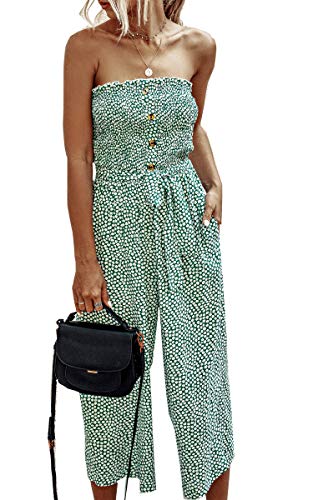 Product Cover Angashion Women's Jumpsuit-Casual Off Shoulder Sleeveless Ruffle Button Belt Wide Leg Jumpsuits Romper with Pockets