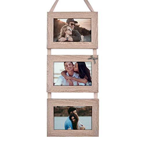 Product Cover LEJHOME Collage Picture Frame for 4 x 6 Inch Photo, 3-Frames Set on Hanging Ribbon, Rustic Solid Wood Photo Frame for Home and Wall Decoration