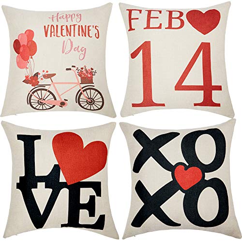 Product Cover Valentines Pillow Covers 18x18 Inch for Valentine's Day Decorations Happy Valentines Bicycle Love XO Set of 4 Decorative Throw Pillow Covers Cotton Linen Cushion Cover for Home Farmhouse Decor