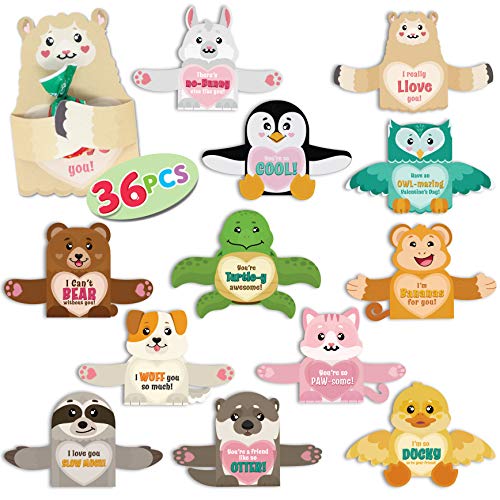 Product Cover JOYIN 36 Pcs Valentines Day Gifts Cards with Animal Designs,Valentine's Greeting Cards Candy Holder Cards for Kids, Valentine Classroom Exchange Cards Party Favors