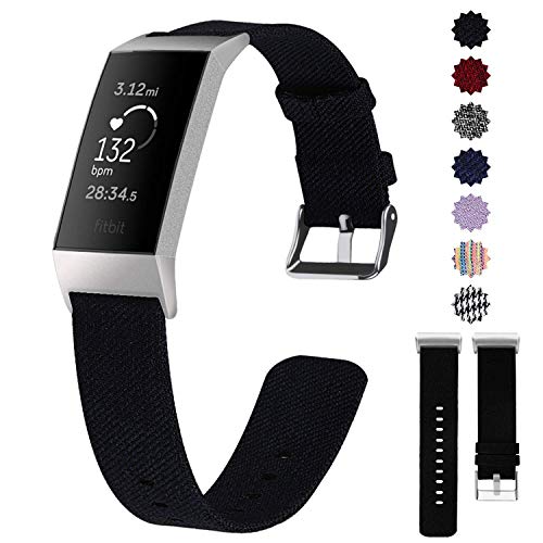 Product Cover Lintelek Compatible with Fitbit Charge 3 Bands, Canvas Woven Fabric Band, Soft TPU Adjustable Replacement Wristbands, Silicone Straps Sports Accessories