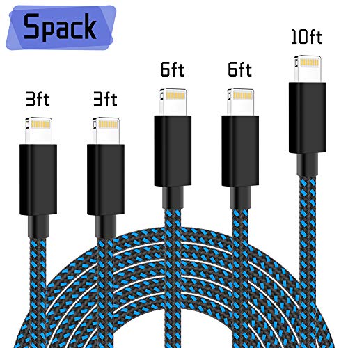 Product Cover iPhone Charger,PLmuzsz MFi Certified Lightning Cable 5 Pack(3+3+6+6+10ft) Durable High-Speed Charger Nylon Braided Cord Compatible iPhone Xs/Max/XR/X/8/8Plus/7/7Plus/6S/6S Plus/SE/iPad/Nan Black&Blue