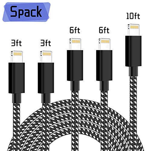 Product Cover iPhone Charger,PLmuzsz MFi Certified Lightning Cable 5 Pack(3+3+6+6+10ft) Durable High-Speed Charger Nylon Braided Cord Compatible iPhone Xs/Max/XR/X/8/8Plus/7/7Plus/6S/6S Plus/SE/iPad/Nan Black&White