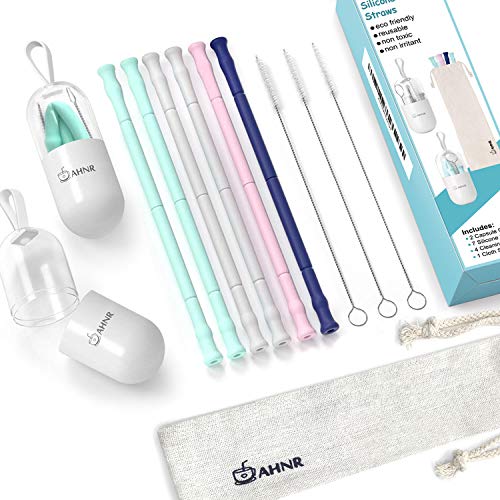 Product Cover Reusable Silicone Collapsible Straws - 14 Pack Foldable Silicone Drinking Straw with Portable Case and Cleaning Brushes, BPA Free, FDA Approved