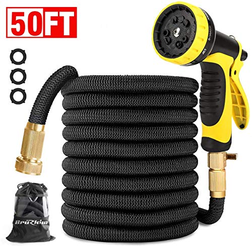 Product Cover BruRkim 50ft Expandable Garden Hose, Leakproof Lightweight Water Hose with Double Latex Core, 3/4 Solid Brass Fittings, Extra Strength Fabric, Flexible Expanding Hose with 9 Function Spray Nozzle Car