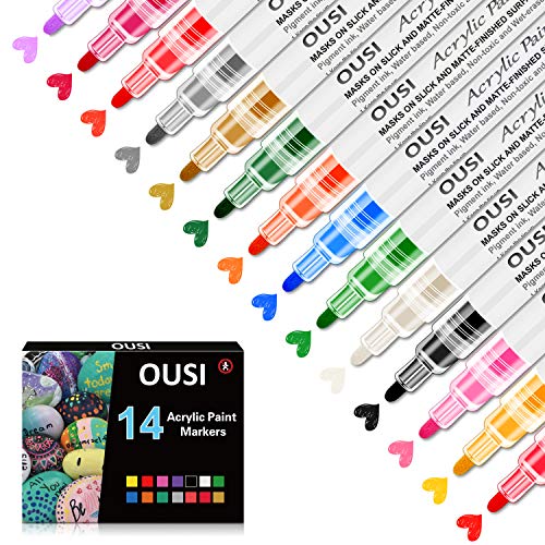 Product Cover Acrylic Paint Marker Pens, OUSI 14 Paint Markers for Kids Adults Paint Pens for Rocks Painting Canvas Photo Album DIY Craft School Project Glass Ceramic Wood Metal Water Based Extra Fine Tip
