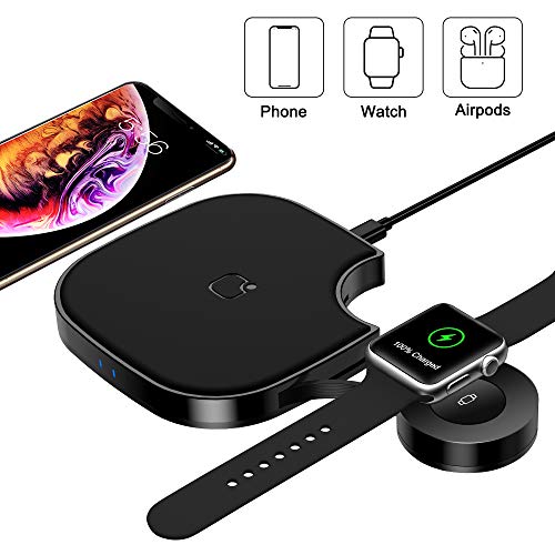 Product Cover Wireless Charger, 2 in 1 Wireless Charging Pad, Qi Fast Wireless Charger for iPhone 11/11 Pro Max/XR/XS Max/XS/X/8/8P, Airpods 2/Pro, iWatch Series 5/4/3/2, Wireless Charging Station