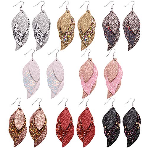 Product Cover Sntieecr 8 Pairs Leather Earrings 3 Layered Lightweight Faux Leather Leaf Earrings Layered Design Drop Earrings Glitter Dangle Earring Gift Set for Women