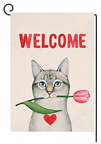 Product Cover Cat Welcome Valentine's Day Small Garden Flag Spring Red Rose Vertical Double Sided Burlap Yard Outdoor Decor 12.5 x 18 Inches (138846)