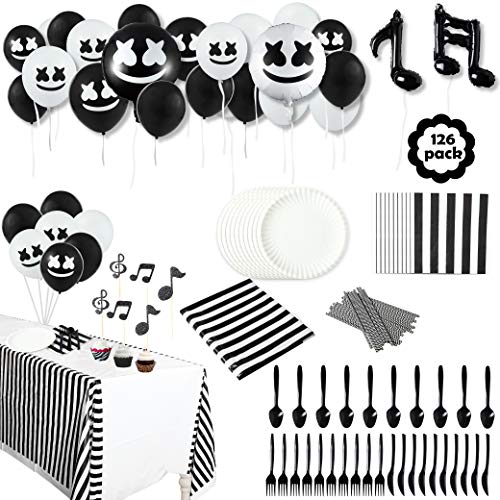 Product Cover GROBRO7 126Pack Marshmellow Themed Party Supplies DJ Music Decoration Party Favors Marshmellow Tableware Kit Balloons Complete Birthday Decor Favor Plates Tablecloth for Baby Shower Boys Girls Kids