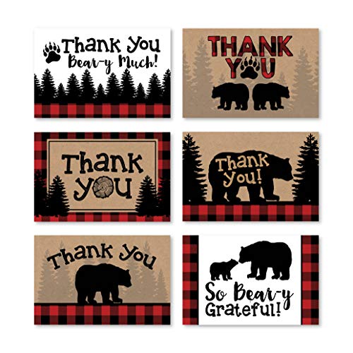 Product Cover 24 Bear Lumberjack Thank You Cards With Envelopes, Kids or Baby Shower Thank You Note, Rustic Zoo Animal 4x6 Varied Gratitude Card Pack For Party, Girl Boy Children Birthday, Modern Event Stationery