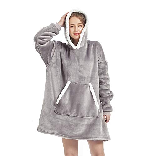 Product Cover Sherpa Sweatshirt Blanket Adult，Standard Size Hoodie Blanket, Plush Fleece Blanket Sweatshirt with Sleeves and Pockets for Men, Women ， Gifts for Families （Grey）