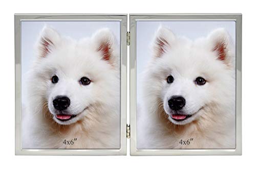 Product Cover Hinged Silver Metal Thin Edge 4x6 Picture Frame with High Definition Glass Front - Folding Metal Double 4x6 Photo Frames - Stand Vertically on Desktop or Tabletop
