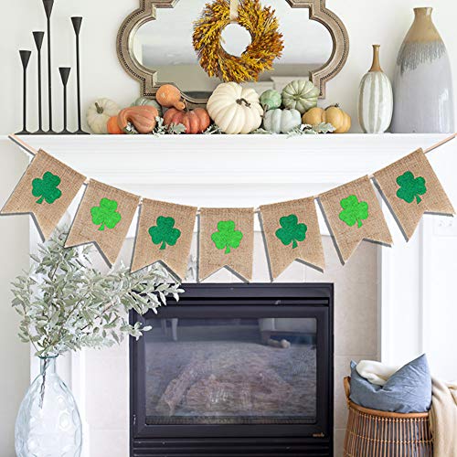 Product Cover St. Patrick's Day Decorations Irish Clover Shamrock Burlap Banner Three Leaf Flags Hanging Garland Green Party Supplies Ornaments Favors(NO-DIY) VAG088