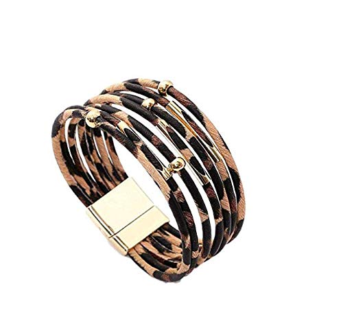 Product Cover wumedy Women Leopard Bracelet Metal Pipe Charm Multilayer Wide Leather Wrap Bangle Gift Bangle
