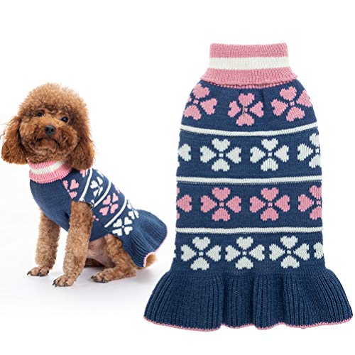 Product Cover KOOLTAIL Dog Sweater Dress Turtleneck Winter Clothes - Warm Girl Dogs Coat Beautiful Love Heart Pattern Knit Ugly Sweater with Leash Hole for Dogs Puppy Cat Medium