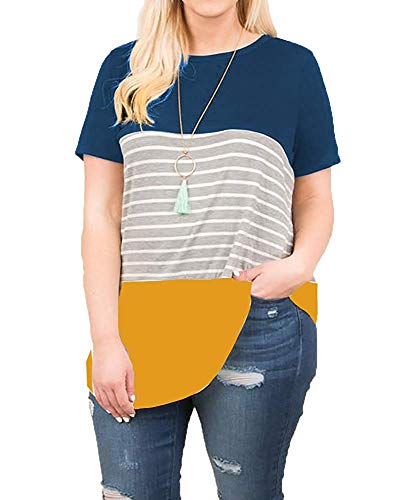 Product Cover Women's Plus Size T-Shirt Short Sleeve Striped Tunics Summer Loose Fit Color Block Top L-5XL Blue