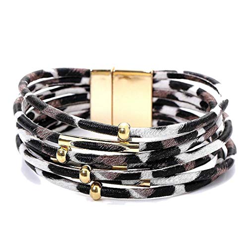 Product Cover wumedy Women Leopard Bracelet Metal Pipe Charm Multilayer Wide Leather Wrap Bangle Gift Bangle