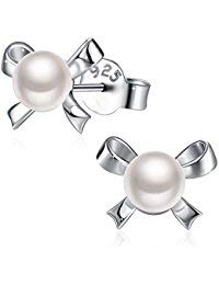 Product Cover J.Rosée Pearl Earrings, 925 Sterling Silver Bow-Knot Freshwater Cultured Pearl Stud Earrings Fine Jewelry for Women Gift Packed