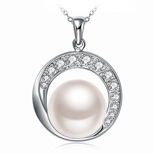 Product Cover J.Rosée Freshwater Cultured Pearl Necklace, Women 925 Sterling Silver 3A Cubic Zirconia Elegant Moon Pendant Necklace Fine Jewelry for Women Packed