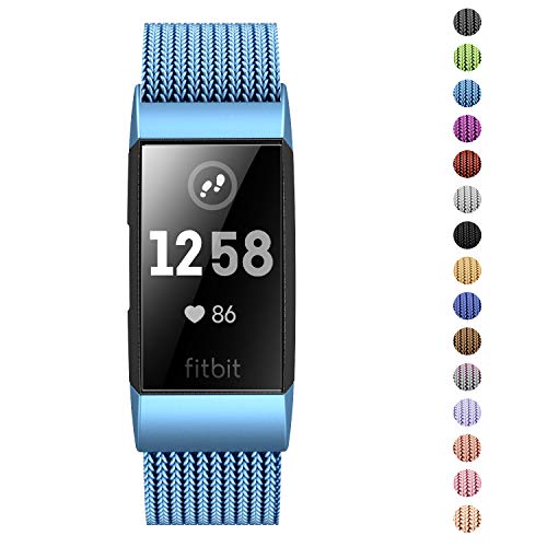 Product Cover Fitlink Stainless Steel Metal Replacement Bands for Fitbit Charge 3 and Charge 3 SE for Women Men,Multi Color Multi Size(Ice Blue,Large(6.1 ''- 9.9''))