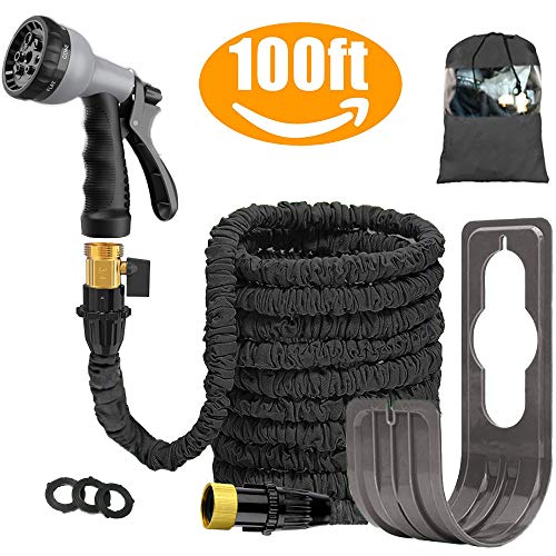 Product Cover 100 FT Expandable Garden Water Hose Pipe/Magic Expanding Flexible Hose with Brass Fittings Valve 8 Function Spray Gun Nozzle Wall Holder/Storage Bag