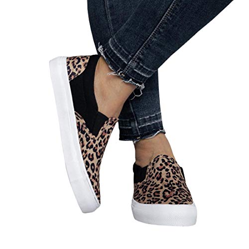 Product Cover Nailyhome Womens Low Top Fashion Sneakers Leopard Platform Slip On Two Tone Round Toe Walking Flats Shoes