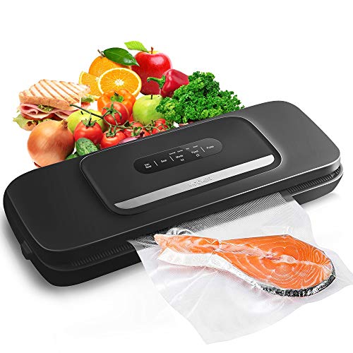 Product Cover Vacuum Sealer Machine for Food- Automatic Food Sealer for Food Savers w/Starter Kit with 25 Pcs Vacuum Bags , Compact Design with Dry & Moist Food Modes and Led Indicator Lights , Free Your Hands and Easy to Clean（Black）