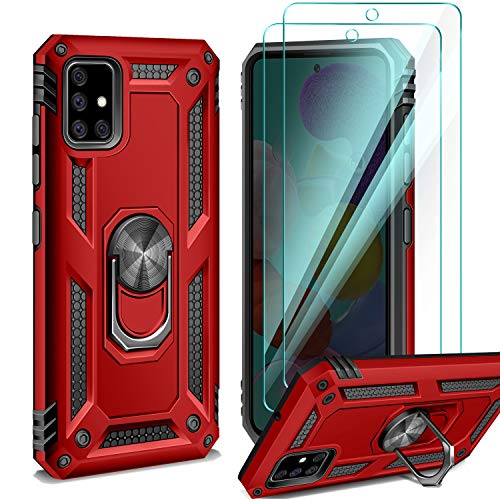 Product Cover ivencase Samsung Galaxy A51 Case, with Glass Screen Protector [2 Pack], 360 Metal Rotating Ring Kickstand,TPU + Hard PC Bumper Hybrid Duty Armor Protective Cover Case for Samsung Galaxy A51 Red