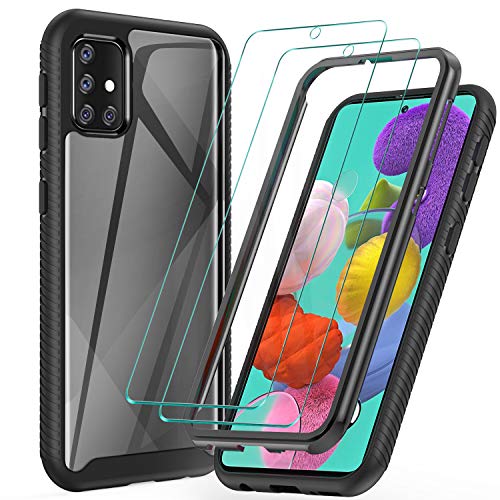 Product Cover ivencase Samsung Galaxy A51 Case, Galaxy A51 Case with Tempered Glass Screen Protector [2 Pack], Full Body Rugged Hybrid Duty Protection Clear Bumper Shockproof Cover Case for Samsung A51 Black