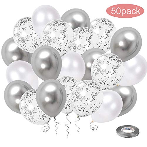 Product Cover White Silver Confetti Latex Balloons, 50 Pack 12inch Silver Metallic Chrome Party Balloon Set with Silver Ribbon for Wedding Birthday Baby Shower Decorations