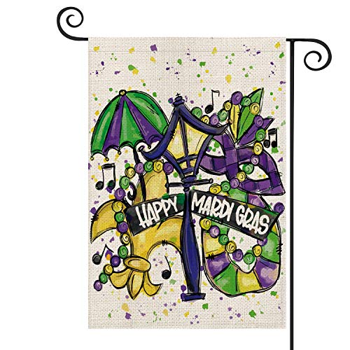 Product Cover AVOIN Happy Mardi Gras Masquerade Mask Fleur de Lis Umbrella Garden Flag Vertical Double Sized, Holiday Party Mardi Gras Bead Lamp Burlap Yard Outdoor Decoration 12.5 x 18 Inch