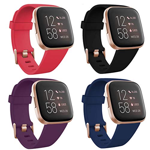 Product Cover TECKMICO Fitbit Versa 2 Wristband,4-Pack Soft Sport Bands Replacement for Fitbit Versa/Versa 2/Fitbit Versa Lite with Rose Gold Watch Buckle for Women Gift (Black/Navy Blue/Purple/Red, Small)