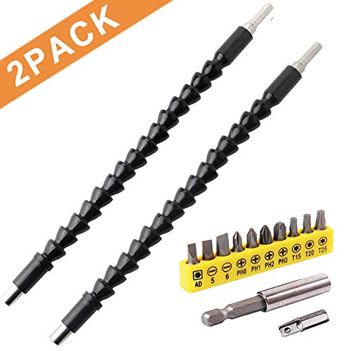 Product Cover 2 Pack Flexible Drill Bit Extension - 11.6 Inch Magnetic Hex Soft Shaft with 12 Pcs Drill Bit Sets 1/4