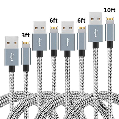 Product Cover SPEATE Phone Cable 4pcs 3FT 6FT 6FT 10FT Nylon Braided Cord Charger Compatible with PhoneX/Phone8/8Plus/7/7Plus/6/6s/6Plus and More (Gray+White)