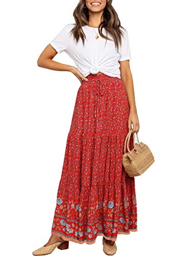 Product Cover PRETTYGARDEN Women's Boho Vintage Floral Print High Elastic Waist Pleased Long Maxi Skirt