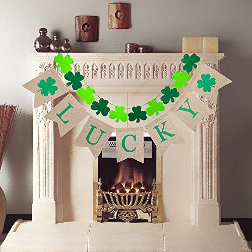 Product Cover VERKB Shamrock Lucky Burlap Decoration Banner-St Patrick's DayThemed Decorations Sign-Home Decor for Kids Party, Holiday, Bedroom, Window, Fireplace, Cabinets