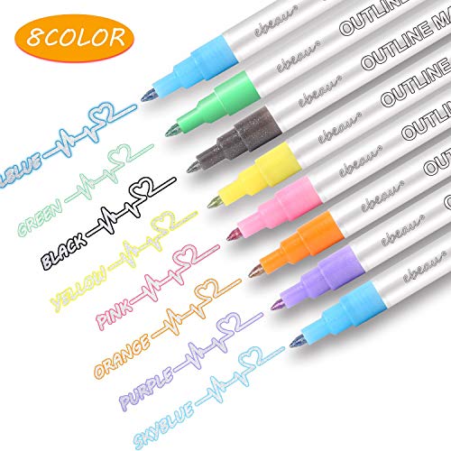 Product Cover Self-outline Metallic Makers, Contour Pens & Journal Pens for Kids, Double Line Pen, Metallic Outline Makers Pens Writing for Greeting Cards, DIY Accounts, Personality Posters, Painting, 8 Colors