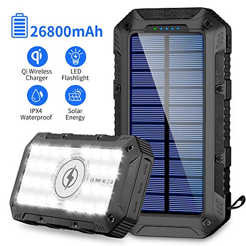 Product Cover Solar Charger 26800mAh,GRDE Wireless Portable Solar Power Bank Panel Charger with 28 LEDs and 3 USB Output Ports External Backup Battery Huge Capacity Phone Charger for Camping Outdoor for iOS Android