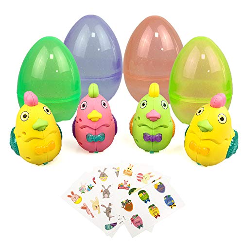Product Cover UNGLINGA Large Prefilled Wind Up Chicks Easter Eggs Basket Stuffers Decorations for Toddler Boys Girls Kids Gift LED Flashing Chicken Wings Toy Fillers Party Supplies with Stickers
