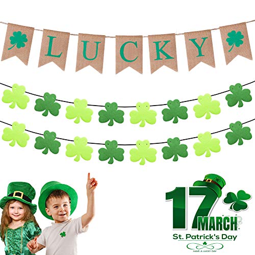 Product Cover DMIGHT St.Patricks Day Decorations,2 Felt Shamrock Clover Garland+ 1 Lucky Burlap Banner,St. Patrick 's Day Banner Decor perfect for Irish party supplies- Green and Light Green Color