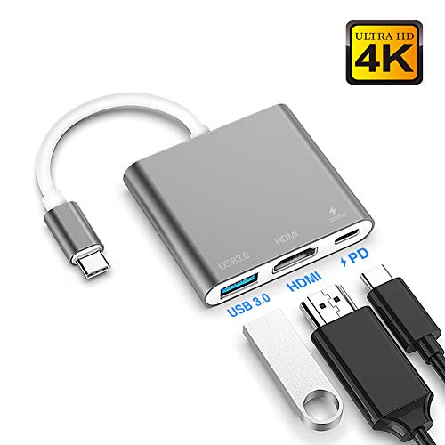Product Cover USB C to HDMI Multiport Adapter,Type C Hub to 4K HDMI with USB 3.0 Port and USB C Charging Port, USB-C to HDMI Adapter for MacBook Air/MacBook Pro/ipad Pro/Galaxy S10/S9/Surface Pro 7/Book 2/Go (Gray)