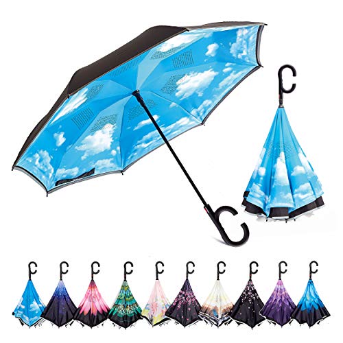Product Cover HOSA, Double-Layer Auto Open Inverted Reverse Umbrella with C-Shaped Handle Windproof UV Protection Straight Safety Reflective Strip for Night-Time Use