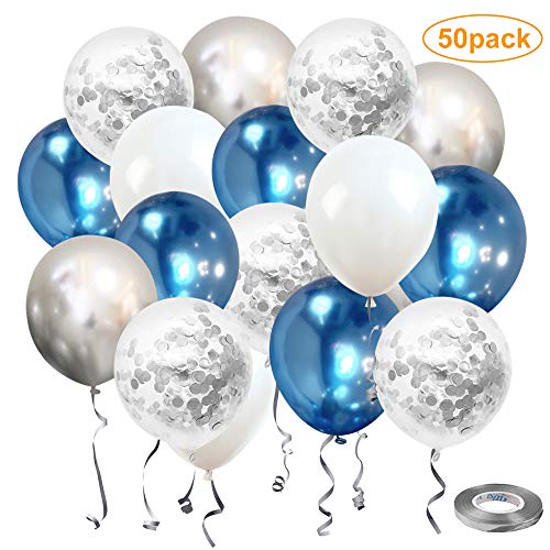Product Cover Metallic Blue and Silver Confetti Latex Balloons, Nesus 50 pcs 12 inch White and Metallic Silver Glitter Birthday Party Balloons with 65 Feet Silver Ribbon for Baby Shower Wedding Decorations