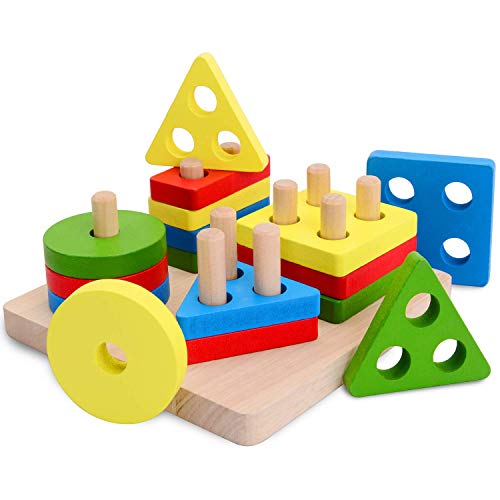Product Cover Wooden Sorting & Stacking Toys for Toddlers, Preschool Educational Shape Color Recognition, Early Childhood Development PGeometric Puzzle Toys for 1 2 3 Year Old Boys Girls Travel Toy
